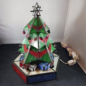 Vintage Tiffany Style Stained Glass Christmas Tree Table Lamp Night Light